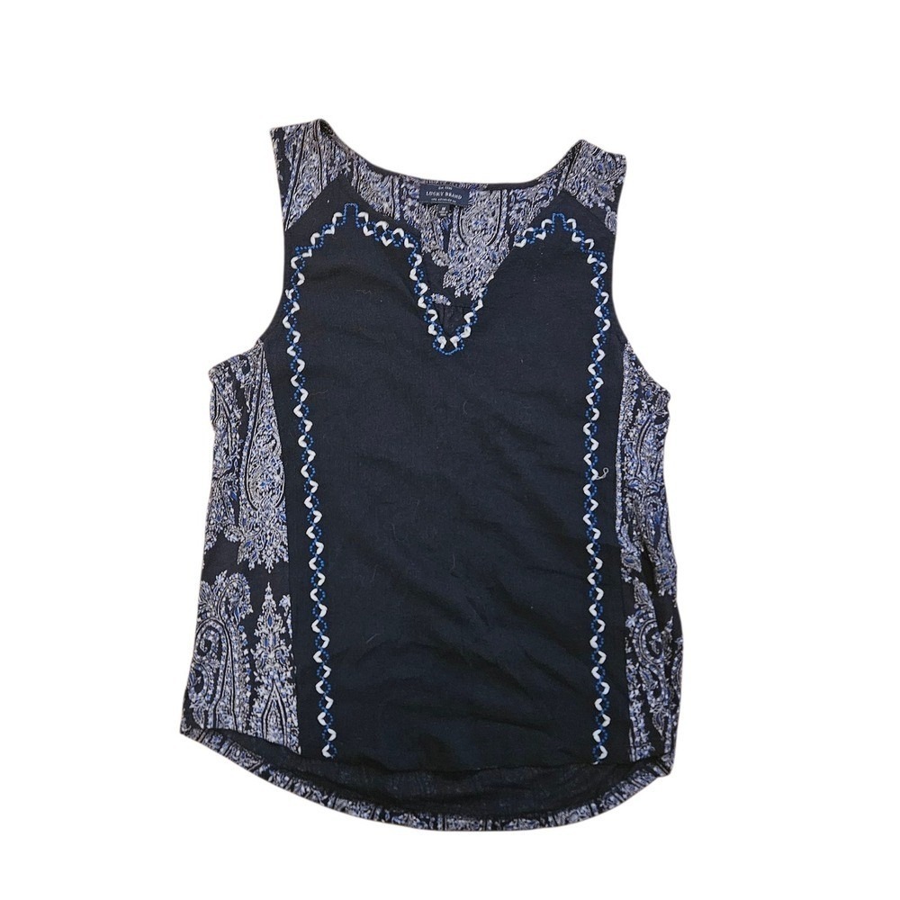 Lucky Brand Paisley Tank Top Sleeveless Casual Blouse Black Blue Size M